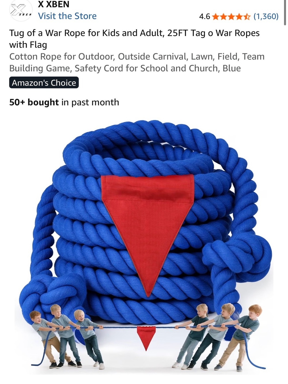 Kids Tug-of-War Rope with Red Flag - Blue Cotton Play Rope